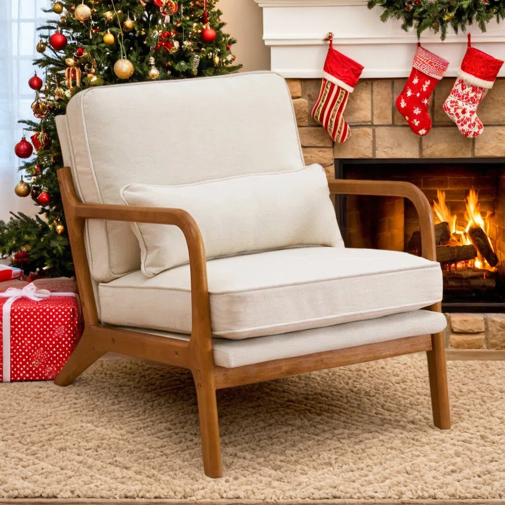Lemley Mid Century Solid Wood Accent Chair Upholstered Armchair with an Extra Pillow | Wayfair North America
