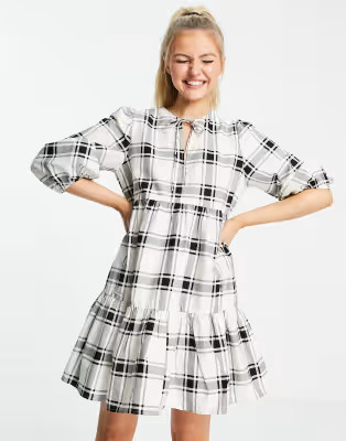 New Look tie neck poplin smock dress in white check | ASOS (Global)