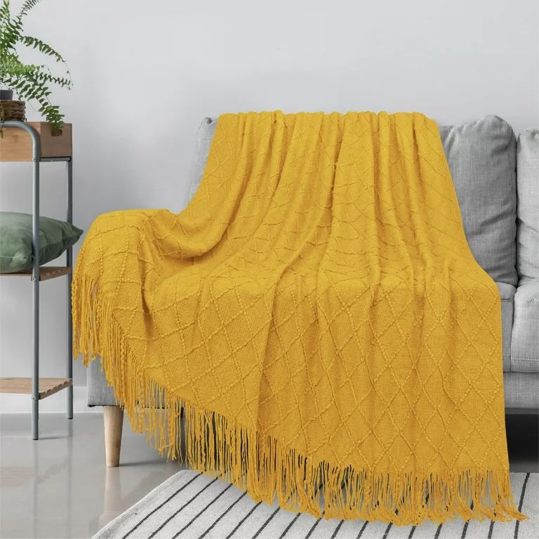 PAVILIA Mustard Yellow Knit Throw Blanket Couch, Soft Knitted Boho Blanket, Farmhouse Home Decor ... | Walmart (US)