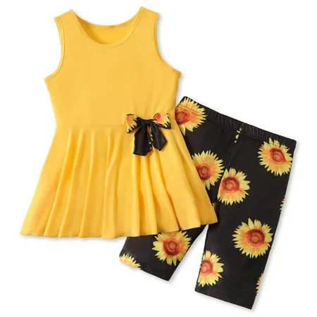 PatPat 2pcs Kid Girl Bowknot Design Sleeveless Tee and Floral Print Leggings Shorts Set | Walmart (US)