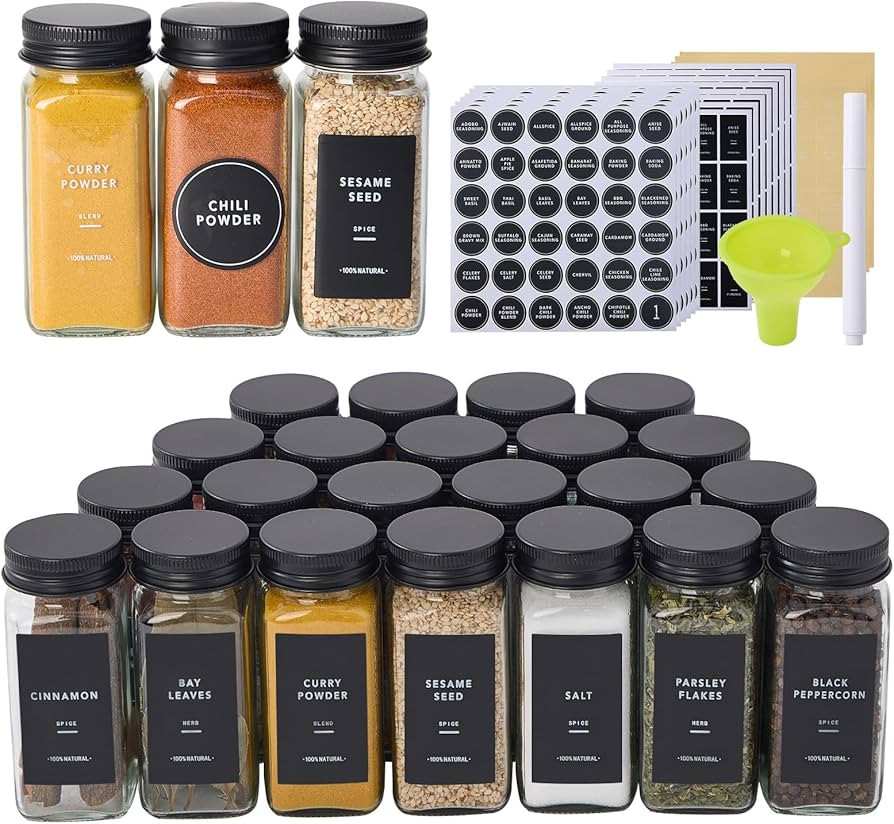 24 Glass Spice Jars with 576 Labels-Spice Jars with Black Metal Caps, 4oz Empty Square Spice Cont... | Amazon (US)