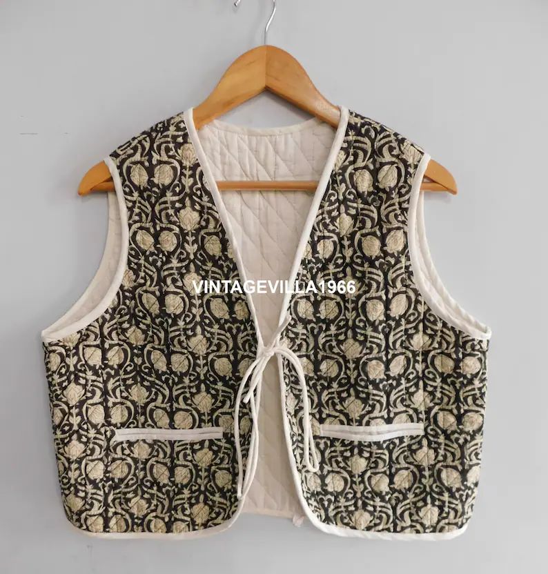 Cotton vest, block print vest coat, black floral printed jacket, women wear short vest, designer ... | Etsy (US)