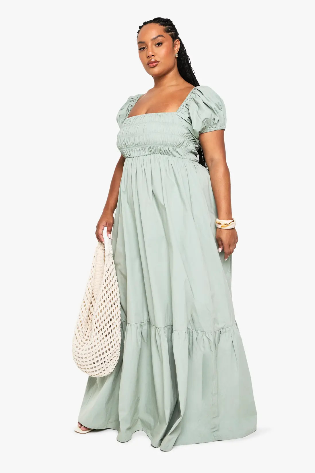 Sage boohoo Plus Cotton Poplin Puff Sleeve Maxi Dress | PrettyLittleThing USA | PrettyLittleThing US