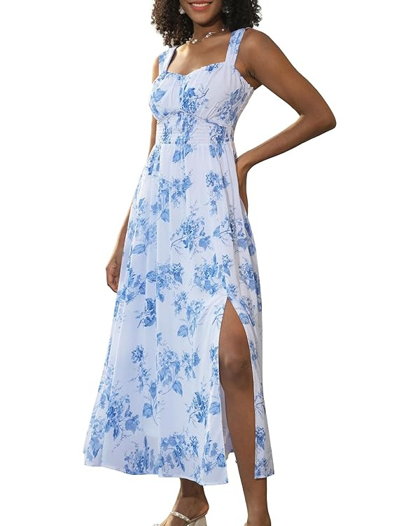 GRACE KARIN 2024 Women's Summer Floral Print Flowy A Line Dresses Sleeveless Smocked Off Shoulder... | Amazon (US)