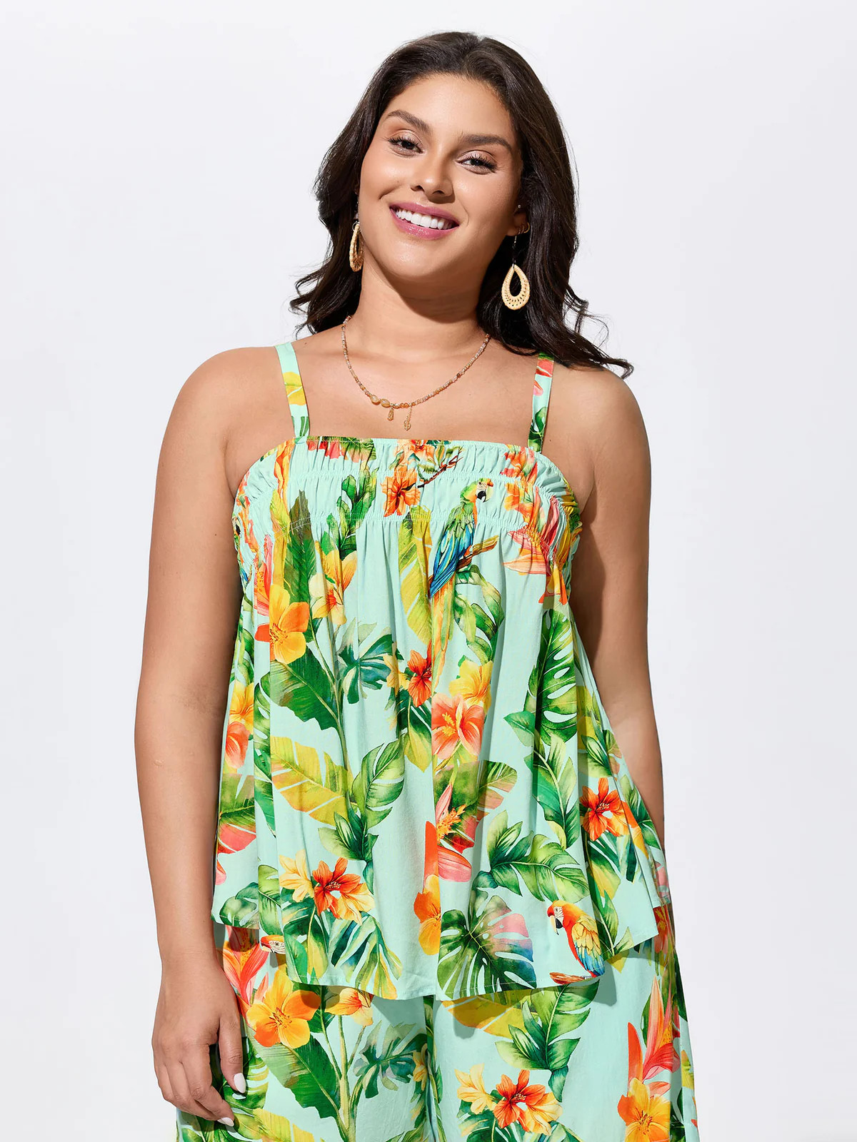 Tropical Breeze Print Shirred Neckline Tank Top | Bloomchic