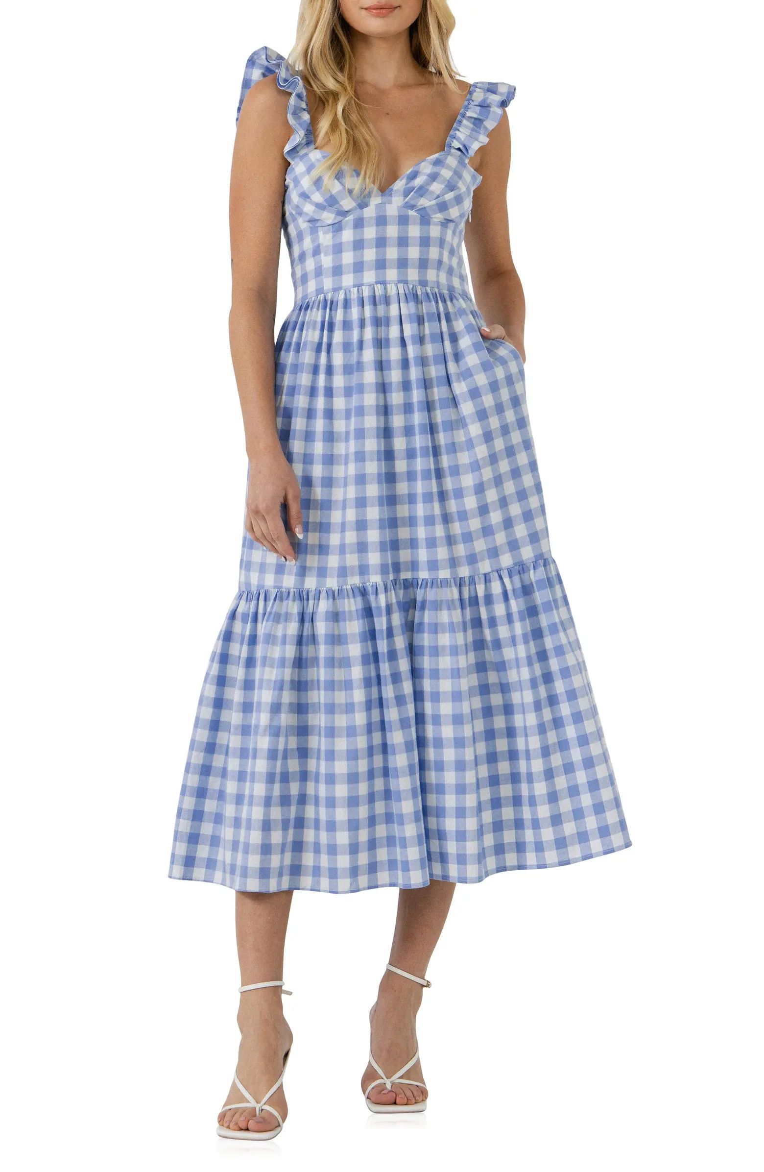 English Factory Gingham Tiered Sleeveless Cotton Midi Dress | Nordstrom | Nordstrom