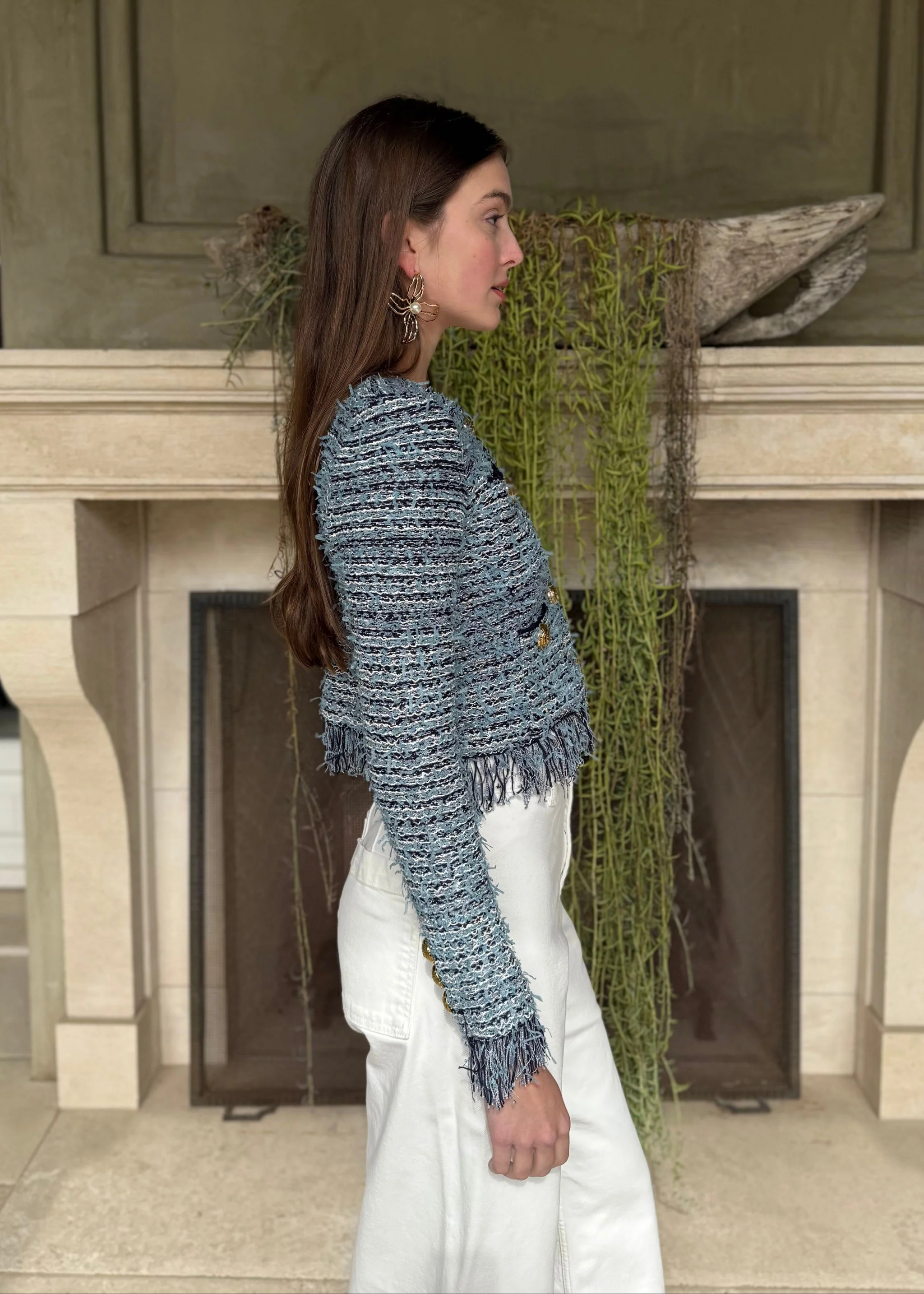 Justine Blue and Navy Fringe Cropped Cardigan Jacket | Benaar La