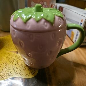Strawberry-Shaped Ceramic Tea/Coffee Mug with Green Lid and Handle | Poshmark