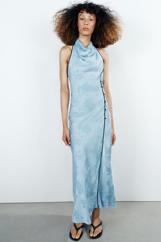 Zara - Floral Jacquard Midi Dress - Sky Blue - L - Woman | Zara UK