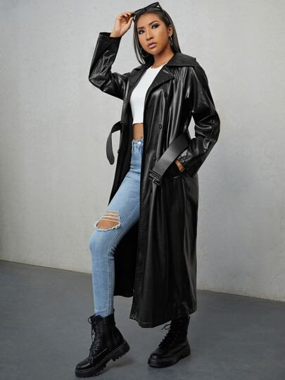 SHEIN Double Breasted Belted PU Leather Trench Coat | SHEIN