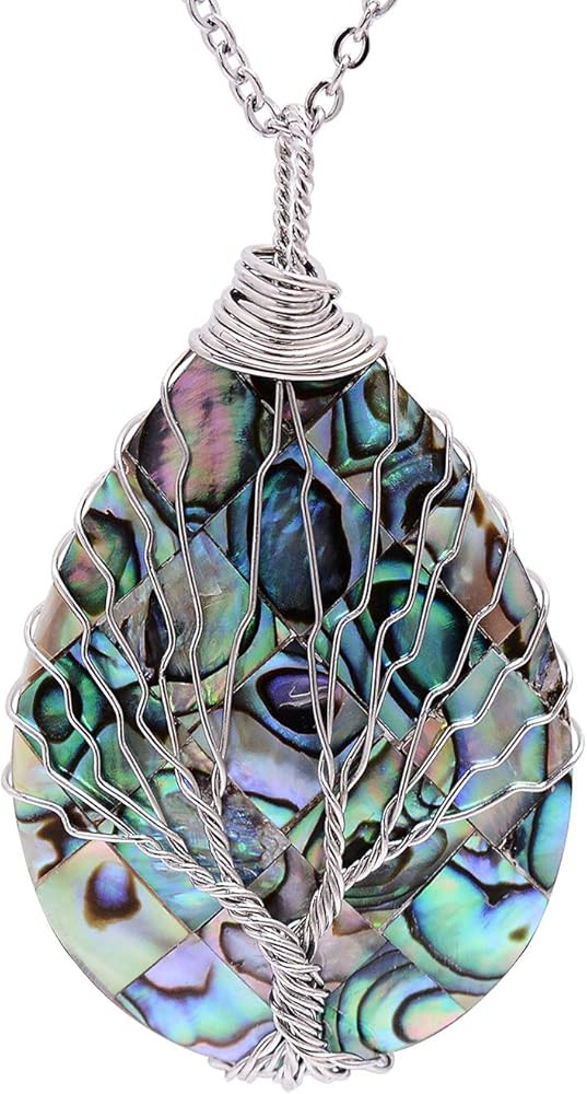 sedmart Tear Drop Abalone Shell Pendent Necklace Wire Wrap Abalone Shell Tree of Life Pendant Nec... | Amazon (US)