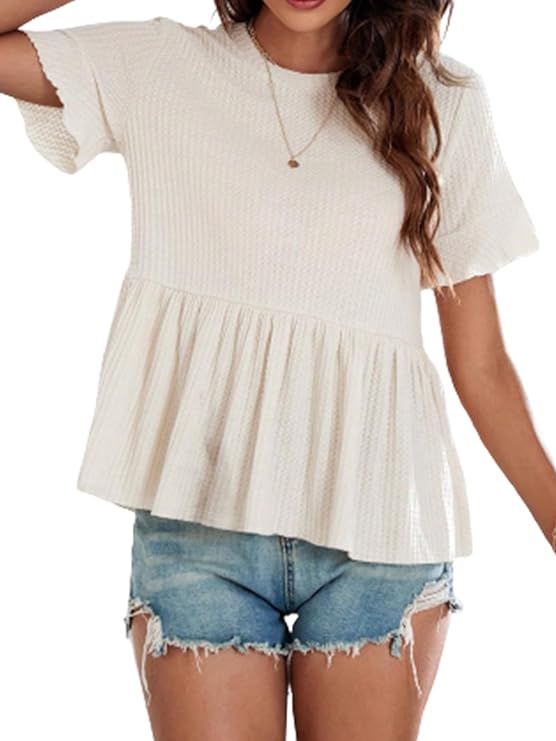 SOLY HUX Women's Short Sleeve Ruffle Hem Peplum Tee Waffle Knit T Shirts Tops | Amazon (US)