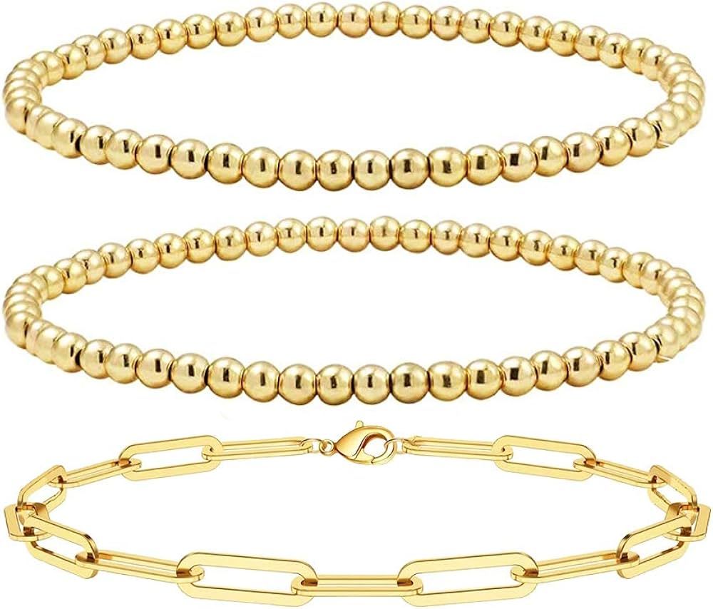 Reoxvo Dainty Gold Beaded Bracelets Set for Women 14K Gold Plated Stackable Bracelets for Women E... | Amazon (US)