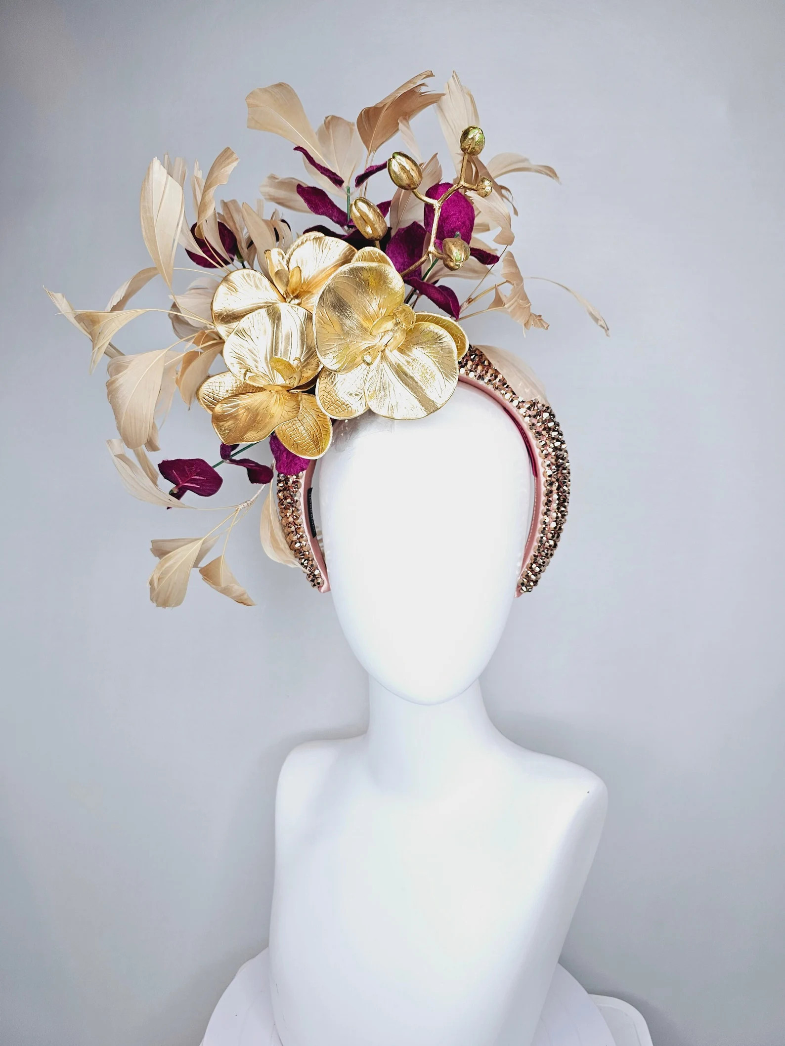 kentucky derby hat fascinator gold neutral swarovski crystal headband with gold orchid flowers an... | Etsy (US)