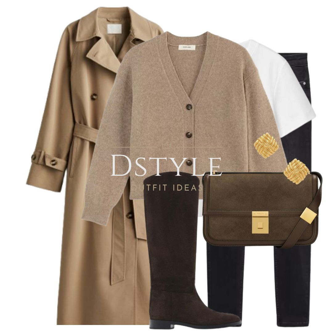  Dark beige trench coat, white t-shirt, cardigan, jeans, brown suede bag, knee high boots, riding style boots

 

#LTKStyleTip #LTKSeasonal #LTKFindsUnder50