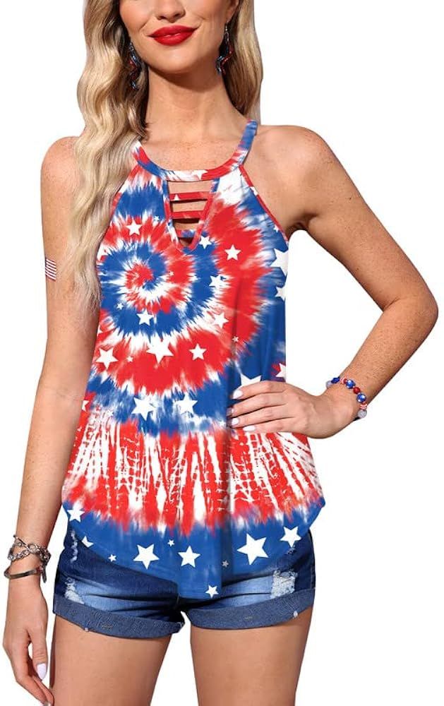Maisolly Women 4th of July American Flag Keyhole Tank Top | Amazon (US)