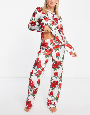 Night satin rose print pajama set | ASOS (Global)