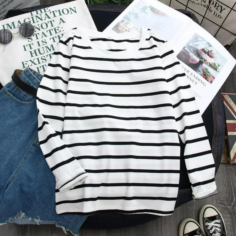 Women Black White Striped T-Shirt Long Sleeve Round Neck Loose Casual Tops Shirt | Walmart (US)