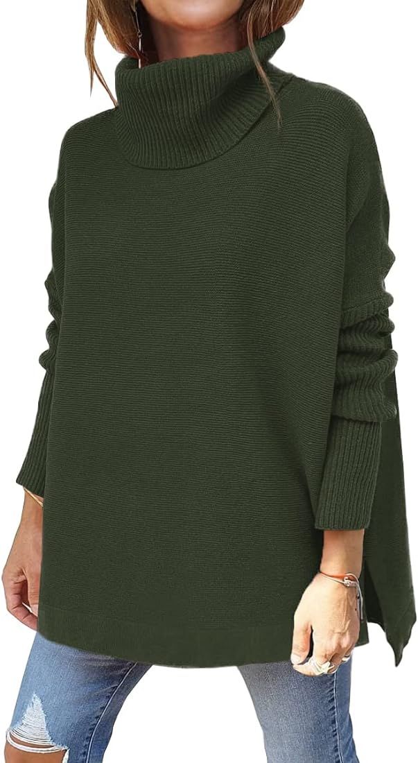 Women's Turtleneck Oversized Sweaters 2023 Fall Long Batwing Sleeve Spilt Hem Tunic Pullover Swea... | Amazon (US)