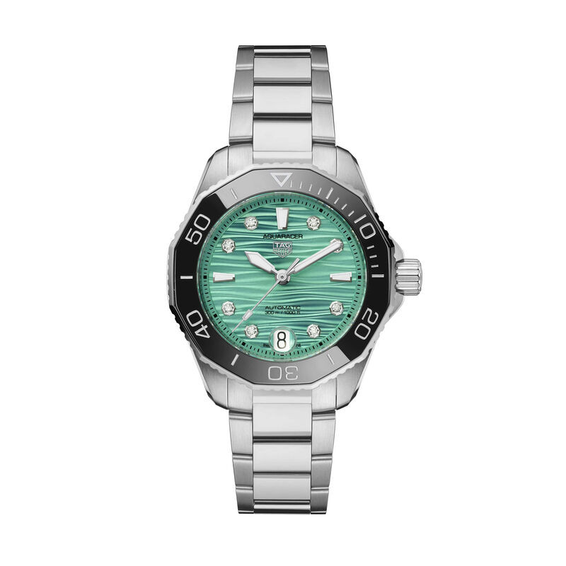 TAG Heuer Aquaracer Professional 300 Watch Turquoise Diamond-Set Dial Steel Bracelet, 36mm,Stainless Steel, Womens |WBP231K.BA06 | Ben Bridge Jeweler