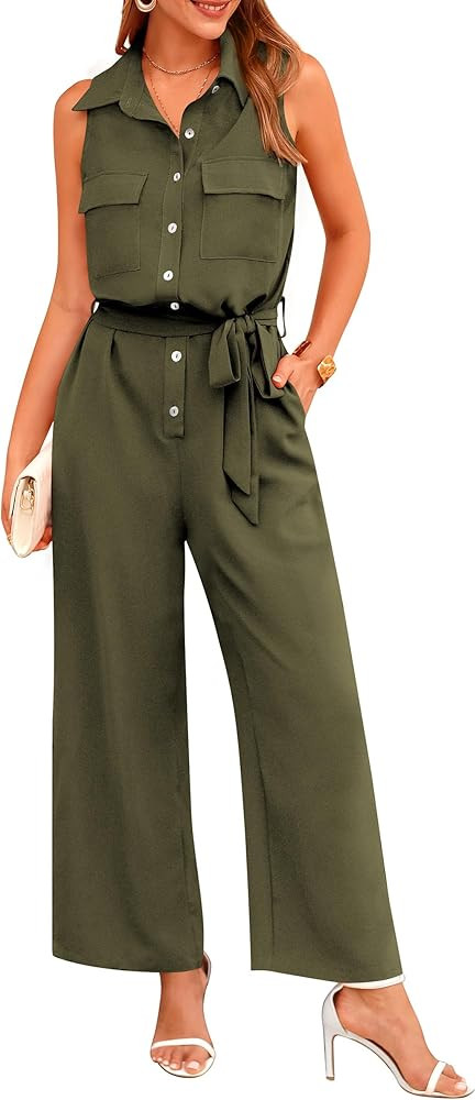 PRETTYGARDEN Women's Summer Jumpsuits Dressy Casual Sleeveless Button Up Belted Long Pants Romper... | Amazon (US)