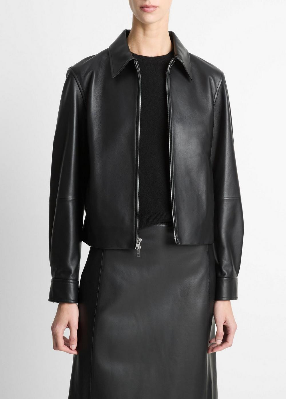 Women's Leather Cropped Zip-Front Jacket, Black, Size XS Vince | Vince LLC