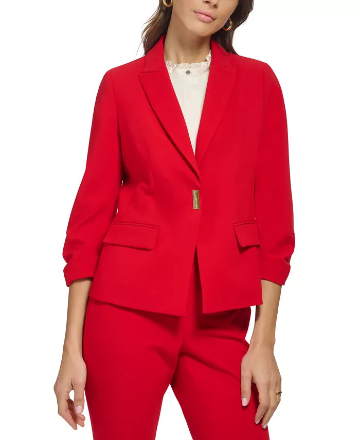 DKNY Petite Ruched-Sleeve Logo-Clasp Blazer - Macy's | Macys (US)