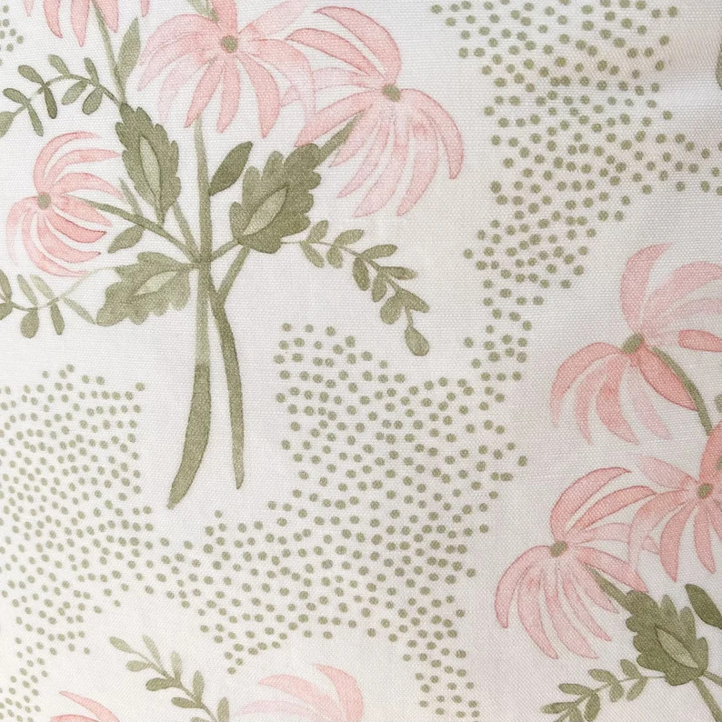 Designer fabric pillow, pink/ olive green/cream floral pillow cover | Etsy (US)