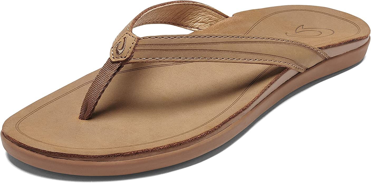 OLUKAI 'Aukai Women's Beach Sandals, Soft Leather Flip-Flop Slides with Non Marking Outsoles, Lig... | Amazon (US)