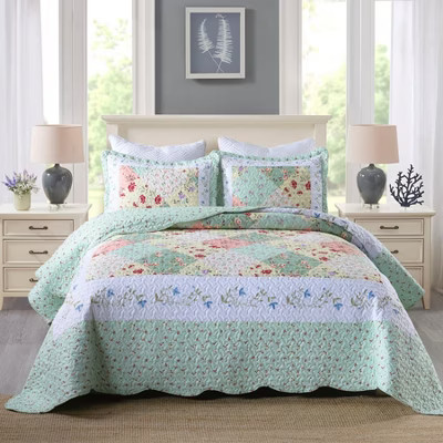 Marcielo 3 Piece Floral Patchwork Quilt Set – Lightweight Cottage Garden Bedspread B014 Green Queen | Target