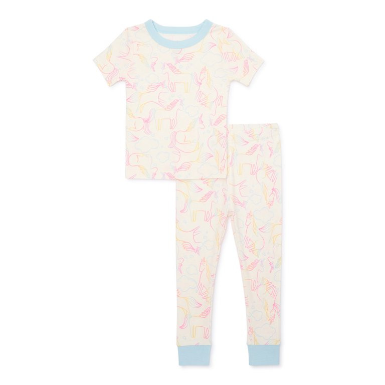 Wonder Nation Baby and Toddler Girls Cotton Tight Fit Top and Pants, 2-Piece Sleep Set, Sizes 12M... | Walmart (US)