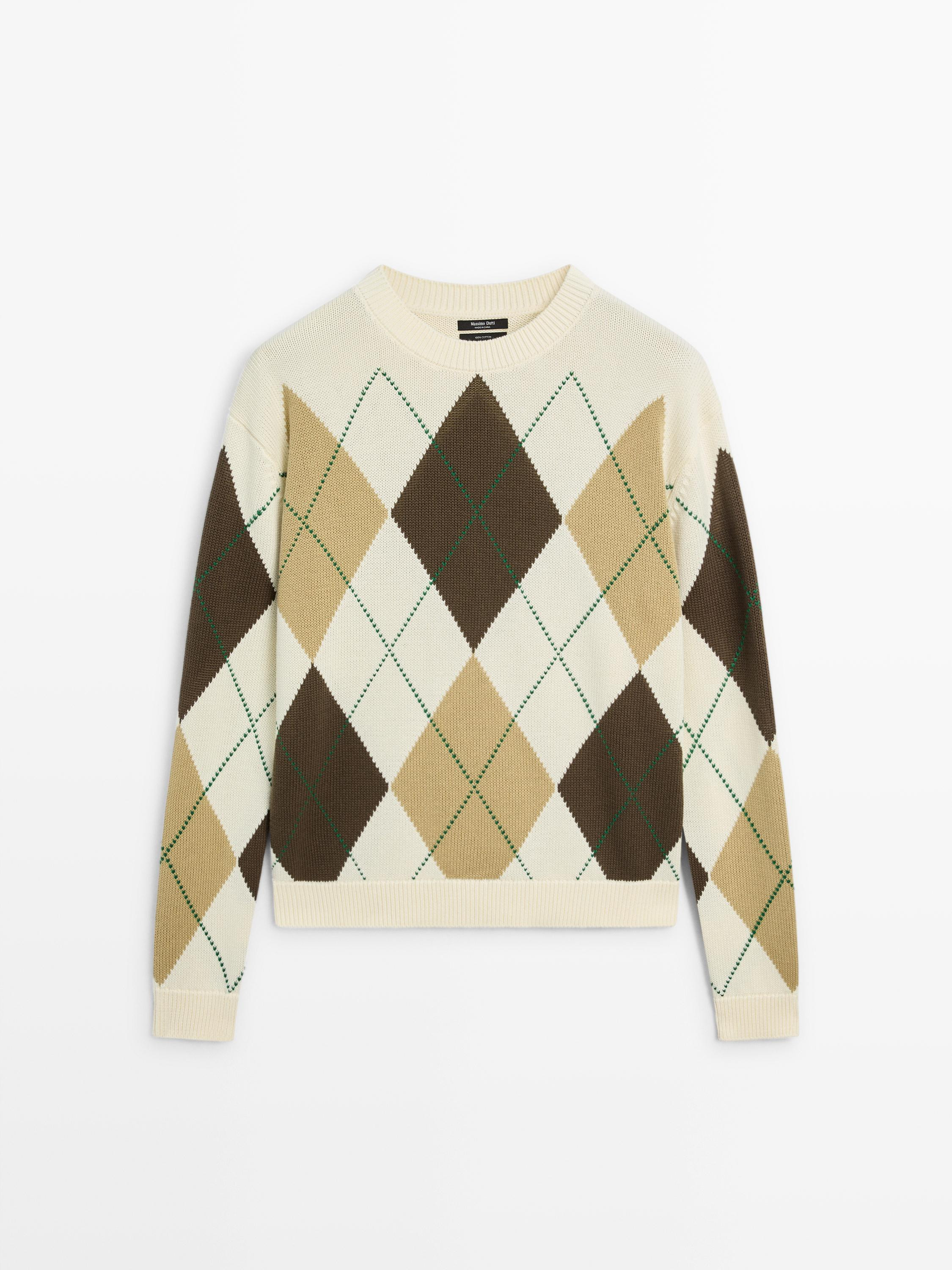 Cotton knit sweater with argyle detail | Massimo Dutti UK