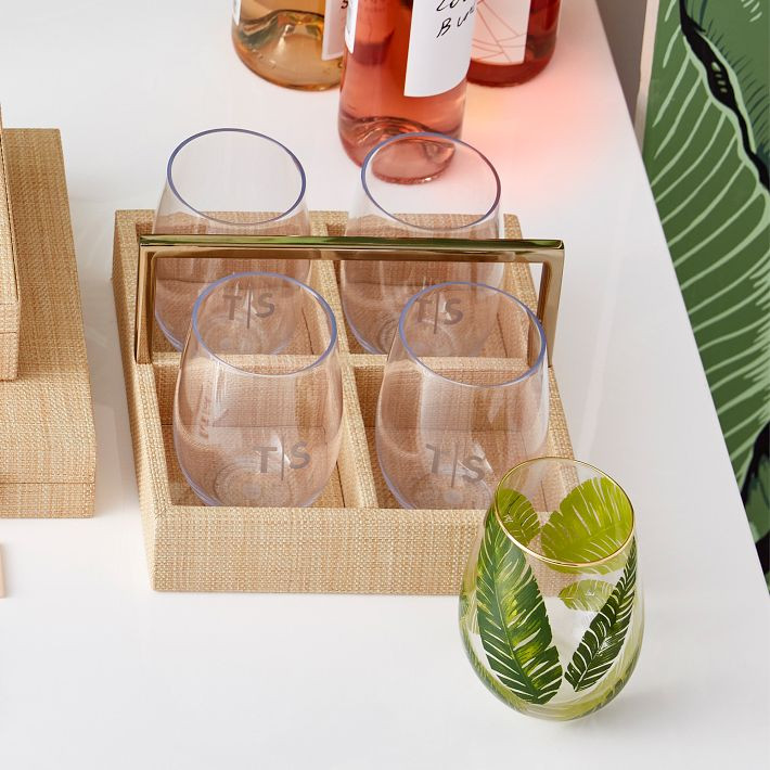 Raffia Drink Caddy and Outdoor Stemless Glasses Set | Mark and Graham