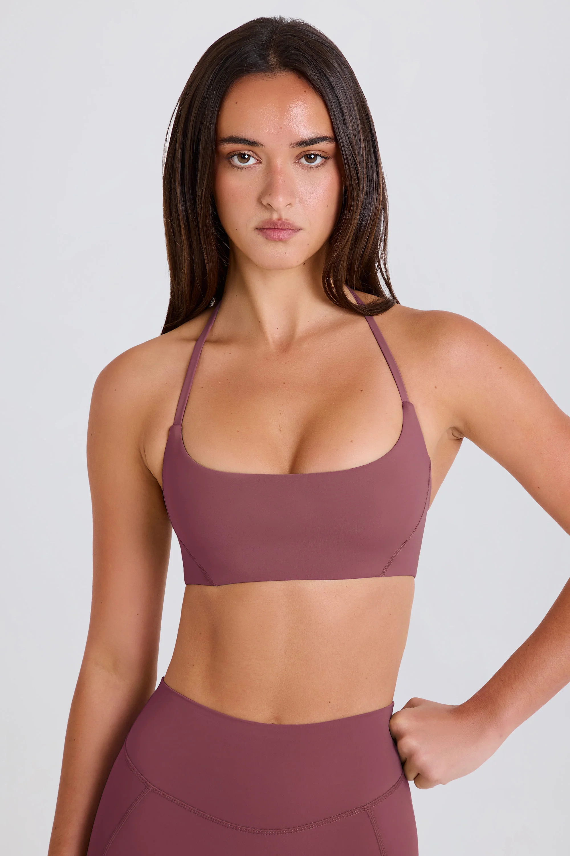 Scoop-Neck Halterneck Sports Bra in Acai | Oh Polly