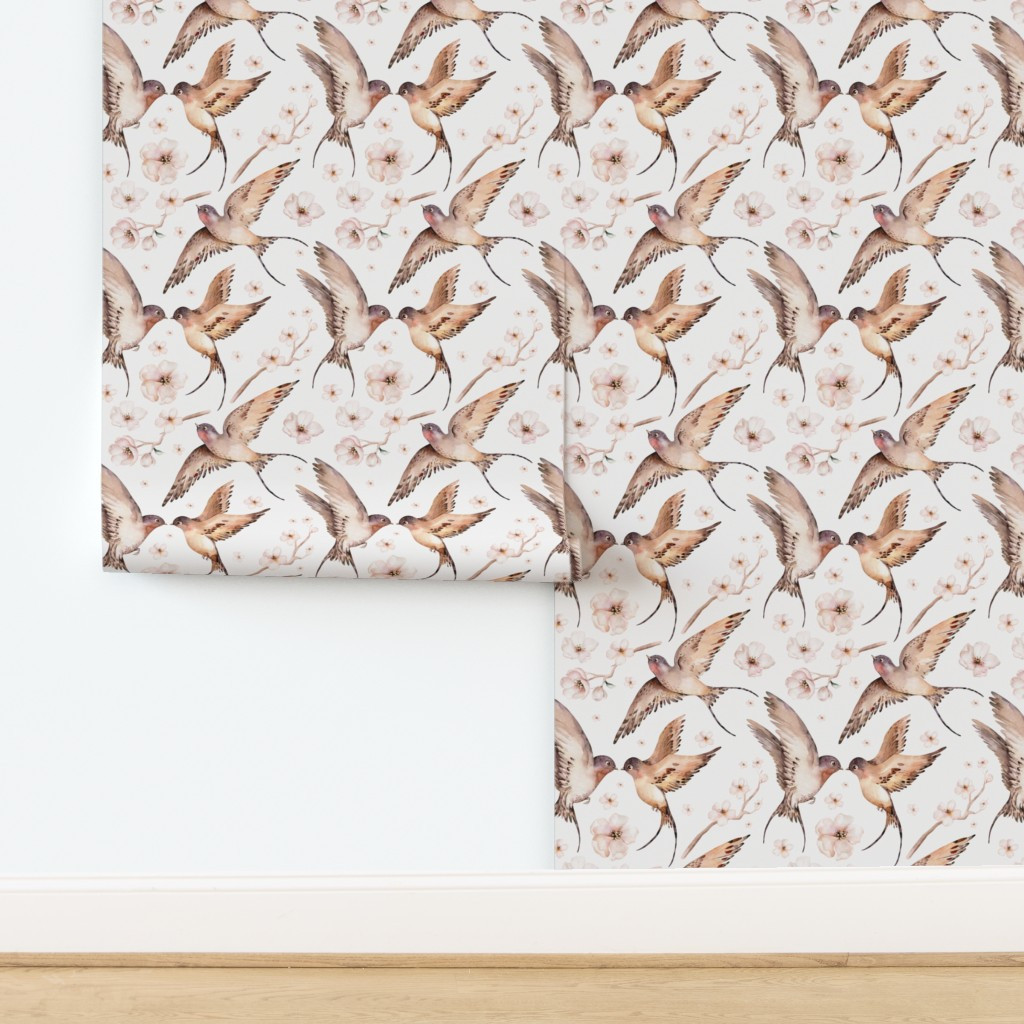 Watercolor spring birds Swallow pattern 8 Wallpaper bypeace_shop | Spoonflower