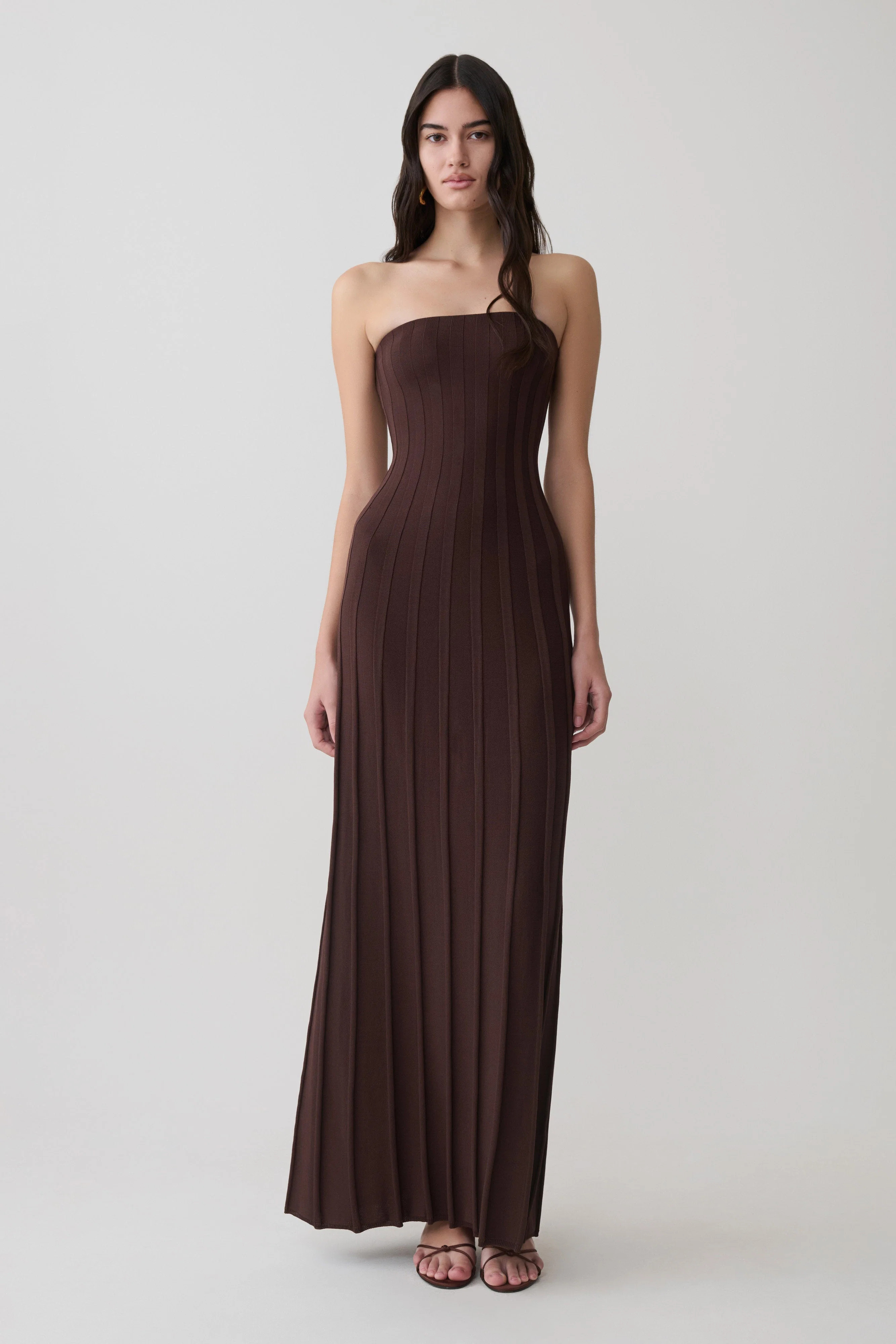 Pia Ribbed Strapless Maxi Dress - Chocolate | MESHKI US