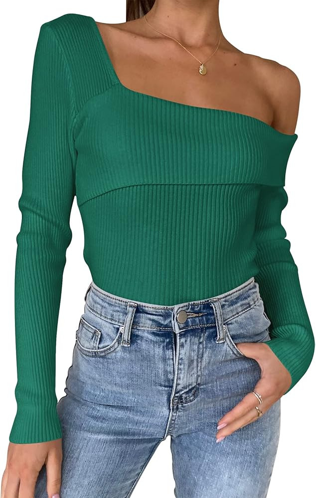 ANRABESS Women's Long Sleeve Off Shoulder Crop Top Ribbed Knit Slim Fit Casual Solid Pullover Sweate | Amazon (US)