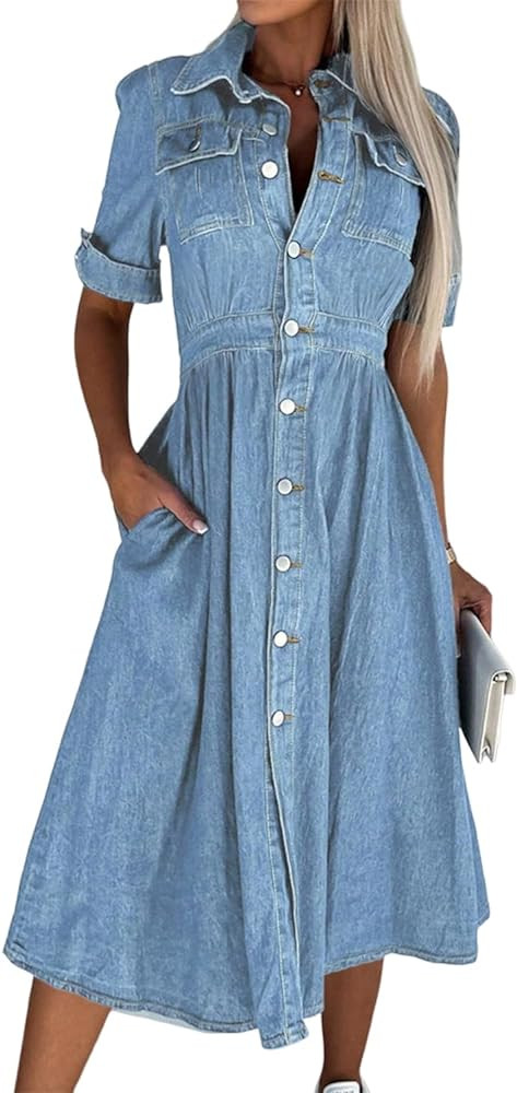 Women Denim Shirt Dress V Neck Short Sleeve Long Bottom Down A-Line Jeans Dresses with Pockets | Amazon (US)