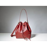 Burgundy Leather Bucket Bag, Soft Drawstring Everyday Bag With Pockets, Christmas Gifts | Etsy (US)