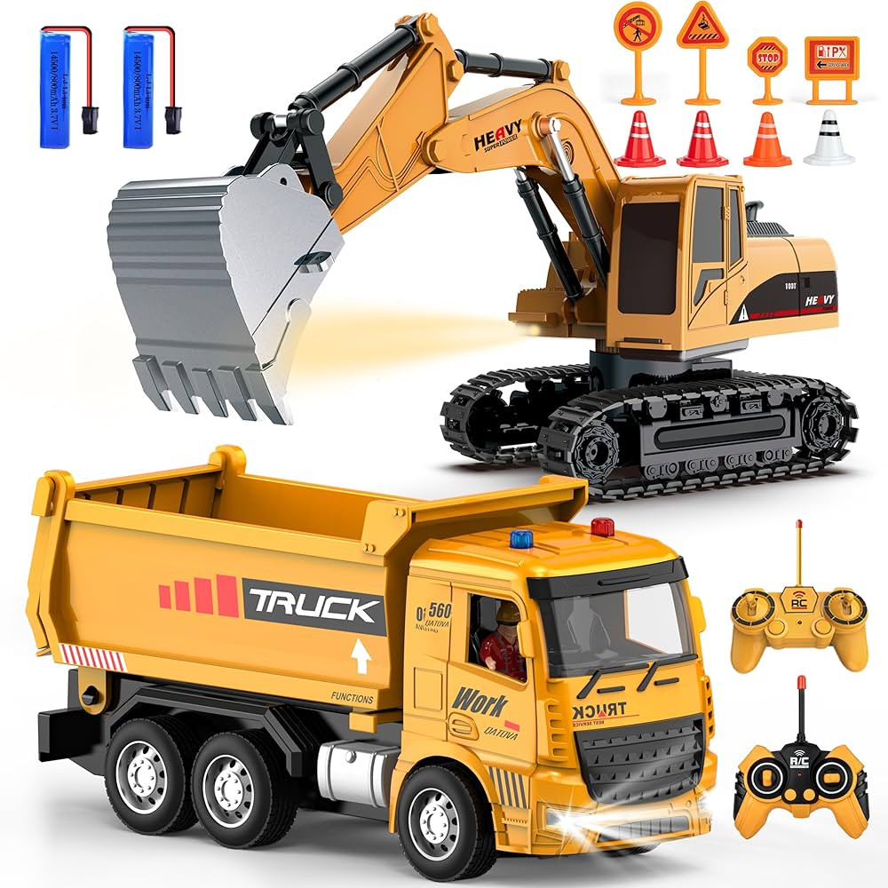 Remote Control Excavator and Dump Truck Toy Set - RC Construction Vehicles Toy with Barricades, R... | Amazon (US)