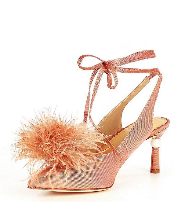 Antonio Melani x Nicola Bathie Claire Ostrich Feather Pom Ankle Wrap Satin Fabric Pearl Detailing... | Dillard's