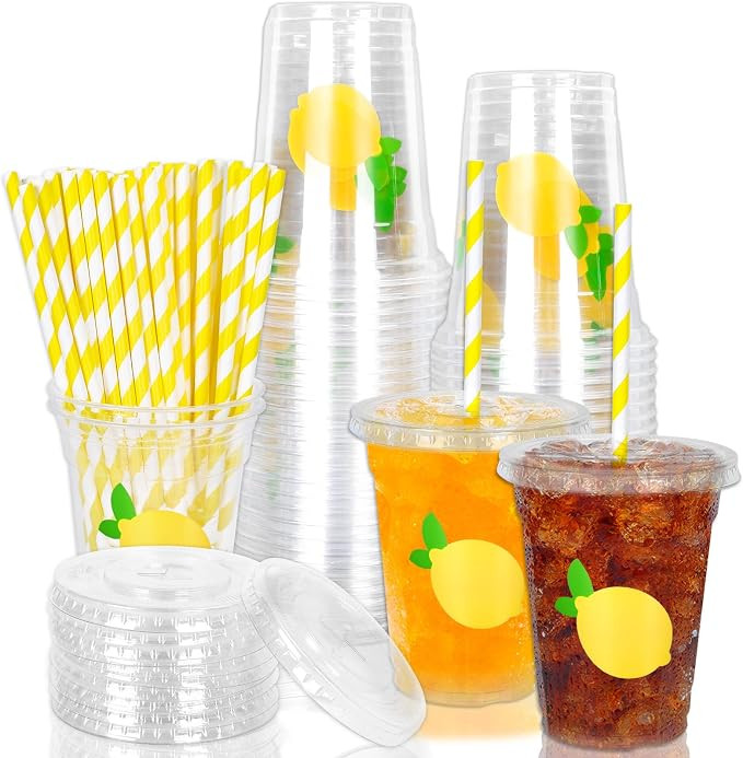 Whaline 50 Pcs Lemon Disposable Plastic Cups with Lids and Straws, 12 Oz | Yellow Summer Fruit, C... | Amazon (US)