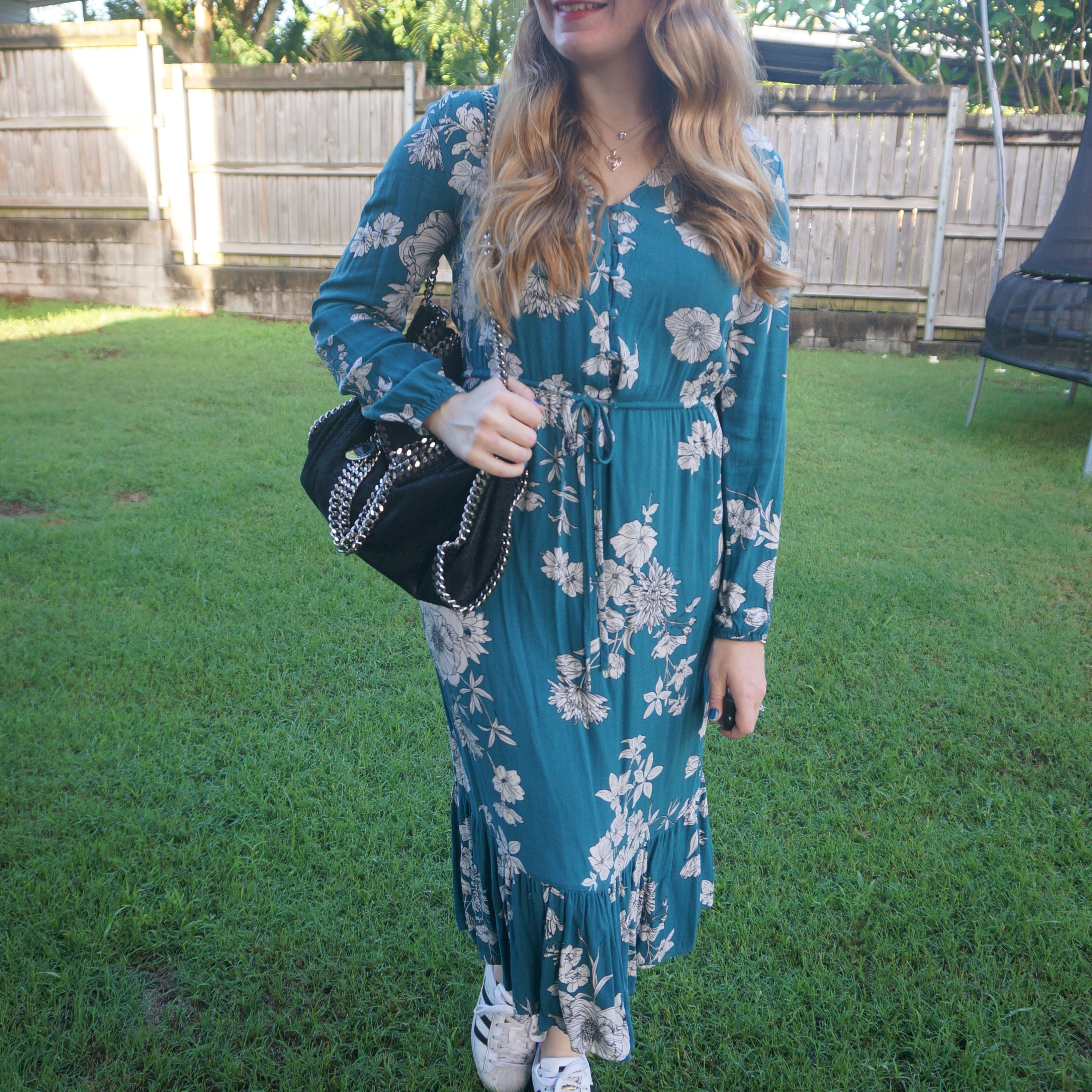 Teal floral Kmart Anko midi dress with thrifted Stella McCartney falabella bag and Adidas Superstar sneakers 💚

#LTKbag #LTKworkwear #LTKaustralia