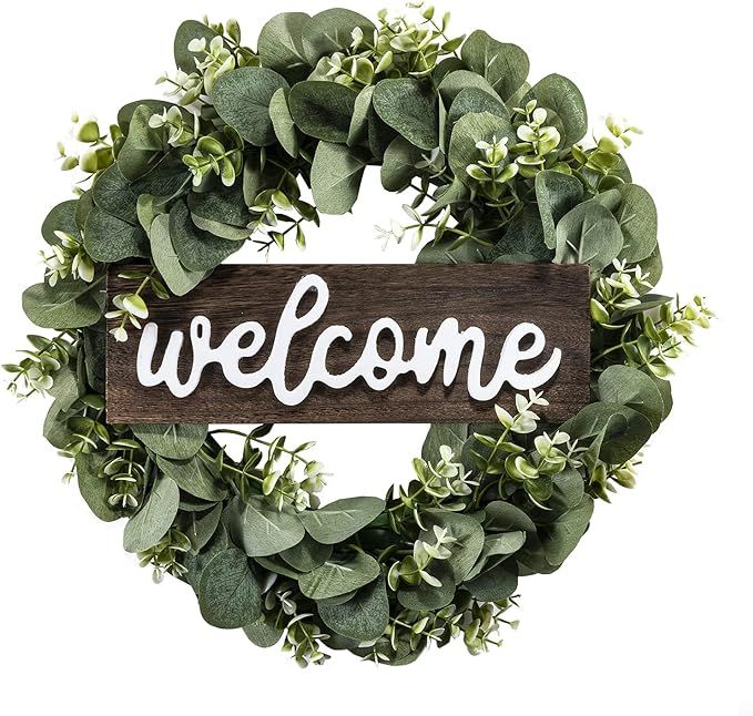 Green Eucalyptus Wreath,Welcome Wreath with Wooden Sign for Door Hanging Home Decor,Beautiful Art... | Amazon (US)