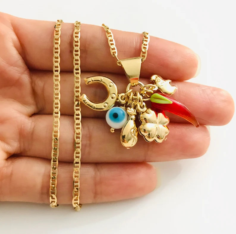 18K Gold Filled Charm Evil Eye, Elephant, Clover Necklace for good luck/18k Gold Filled Cadena de... | Etsy (US)
