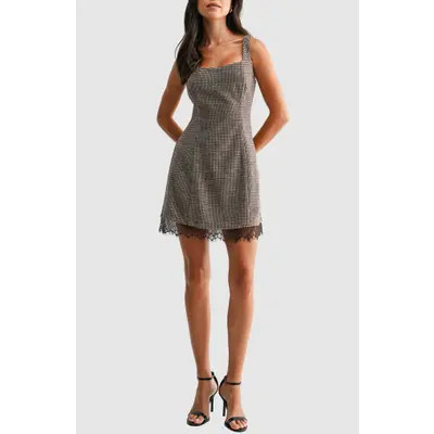 All in Favor Square Neck A-Line Minidress in Brown Plaid at Nordstrom, Size Large | Nordstrom