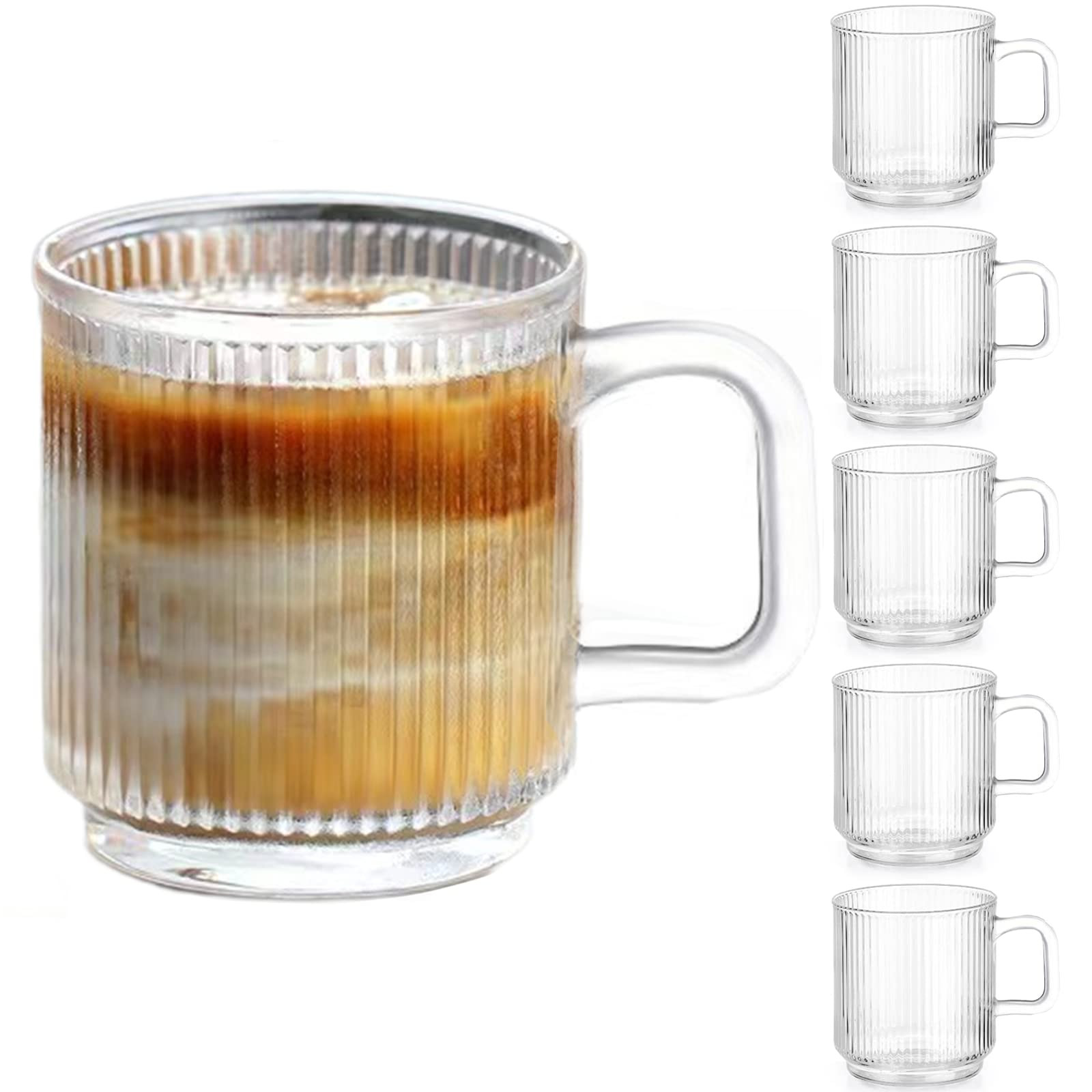6 PACK Premium Glass Coffee Mugs with Handle, 12 OZ Classic Vertical Stripes Glass Coffee Cups, T... | Amazon (US)