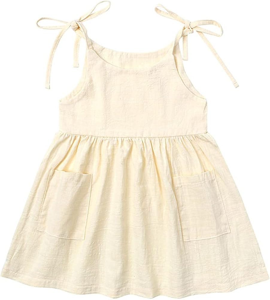 Toddler Baby Girl Summer Cotton Linen White Dresses Bow Straps Sleeveless with Pockets Casual Sun... | Amazon (US)