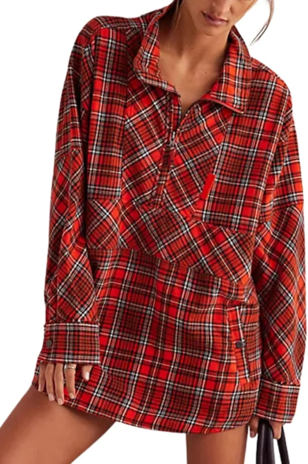 Women's Long Sleeve Lapel Half Zip Up Sweatshirt Plaid Loose Fit Casual Pullover Top with Pocket ... | Walmart (US)