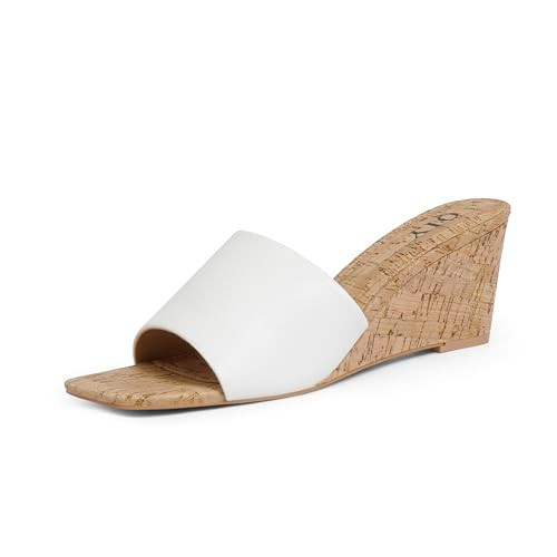 QIY White Wedge Sandals for Women Slip on Wedge Heels Square Toe Summer Wedges Women Heeled Dressy Comfortable Sandals Size 9.5 | Amazon (US)